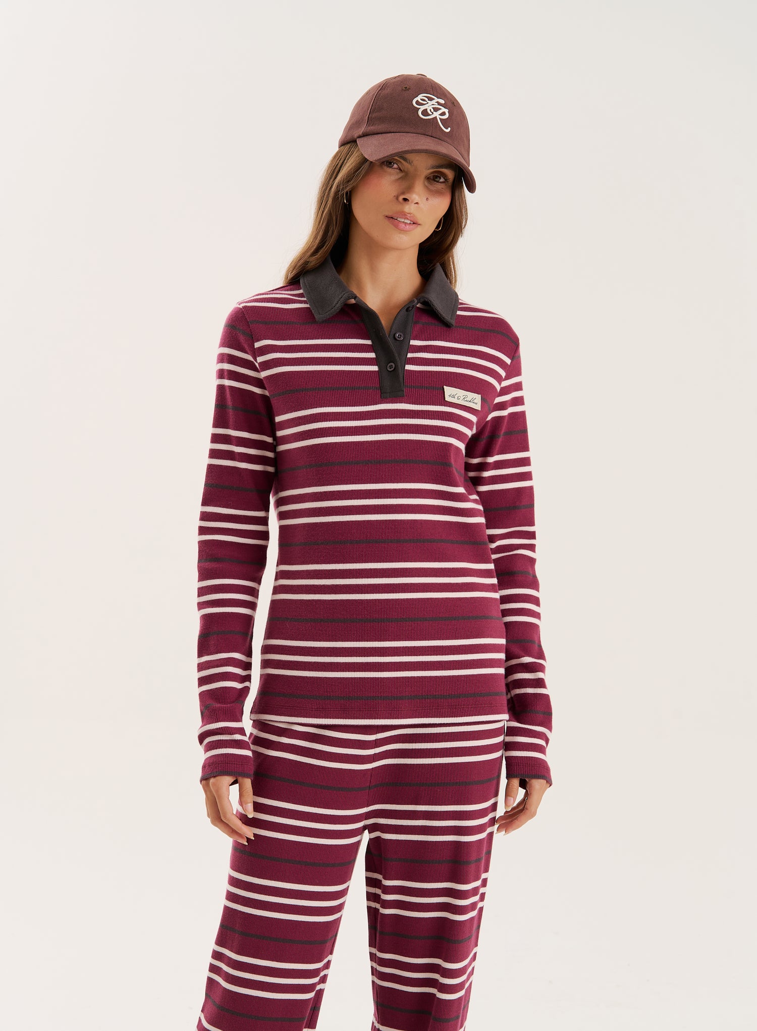 Burgundy Striped Fine Ribbed Jersey Longsleeve Top